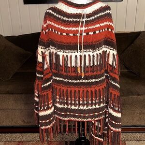 Vintage • Southwestern• Alpaca Fabric • Brown/Beige • One Size • Fringe • Poncho